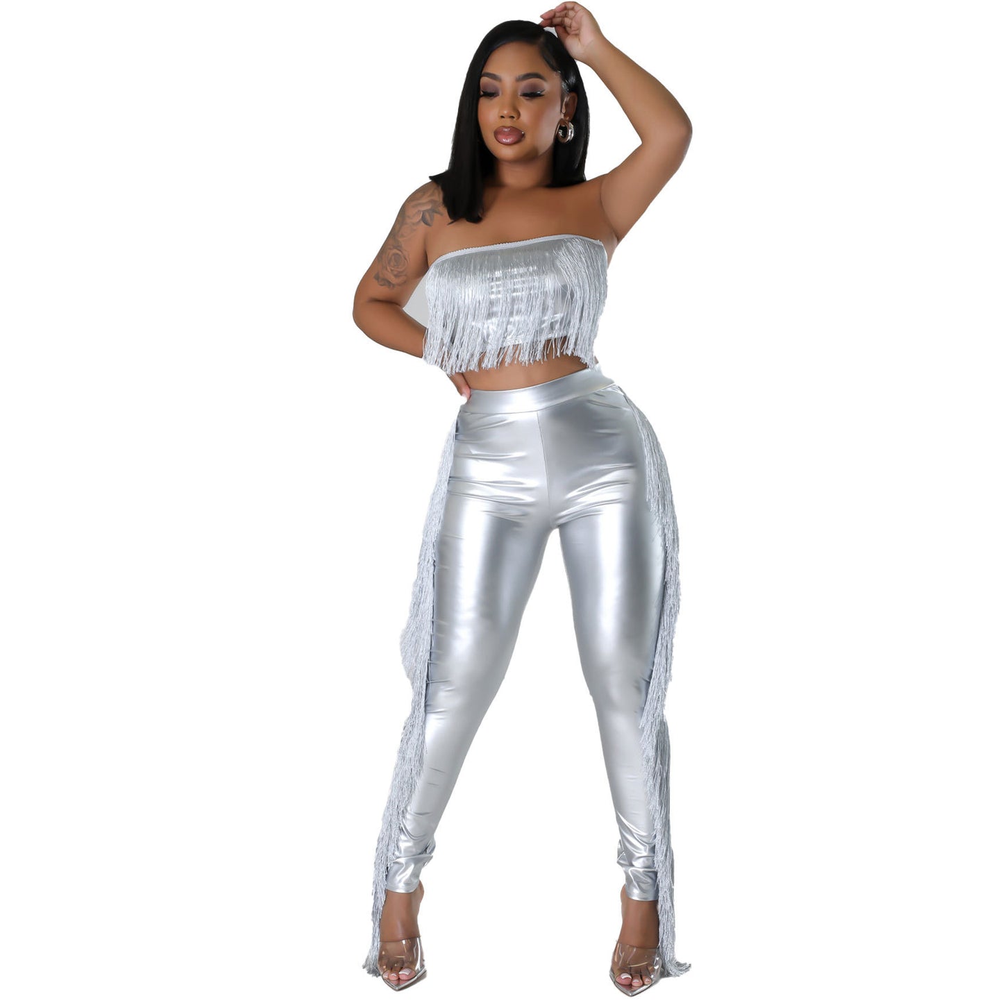 Meta Digital Store Sexy Bandeau Tassels Slim-fit Trousers Two-piece Set Nightclub Uniforms