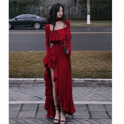 Fork Halter Square Collar Top Long Dress