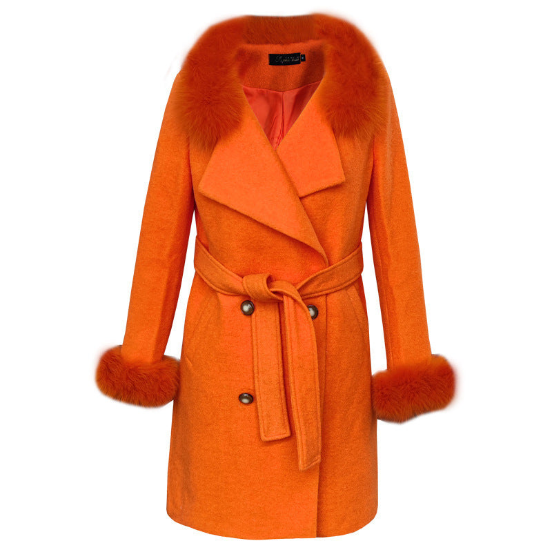 Woman  Digi Store  Big Fur Collar Warm Mid-length With Belt Coat