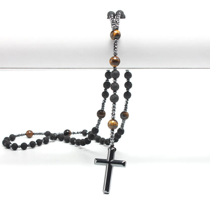 Meta Digital Store Bible Natural Stone Black Volcanic Rock Yellow Tiger Eyes Haematite Cross Religion Men's Necklace Beads