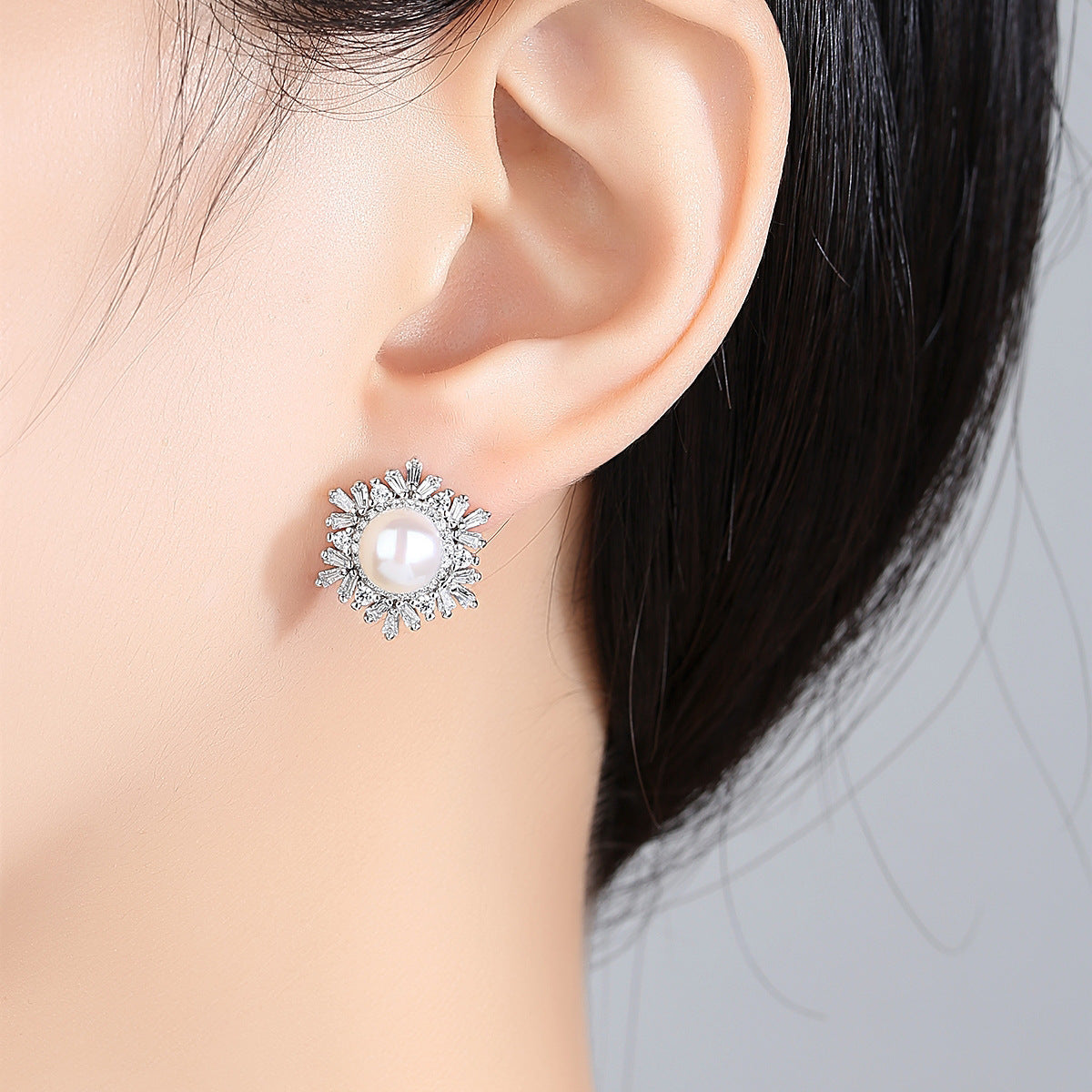 Sterling Silwer Snowflake Stud Oorbelle Koreaanse Edelsteen Pêrel Oorbelle Mode Silwer