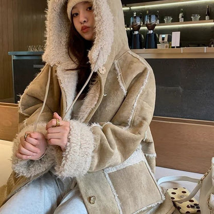 Woman  Digi Store  Hooded Suede Fur Lamb Warm Leisure Slimming Coat