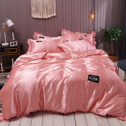 Suiwer Kleur Gewasde Sy Bedlaken Ys Sy Vierdelige Bedlaken Duvet Cover