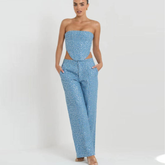 Fashion Denim Sequined Tube Top Wide Leg Pants Suit