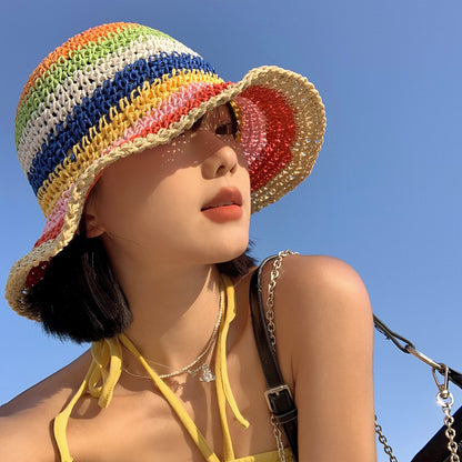 Digi  Store Rainbow  Straw Bucket Hat Women's Summer Breathable Sun-proof Sun Protection