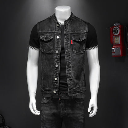 Meta  Digital Store  Harley Motorcycle Men's Uniform Black Stand-up Collar Plus Size Denim Vest