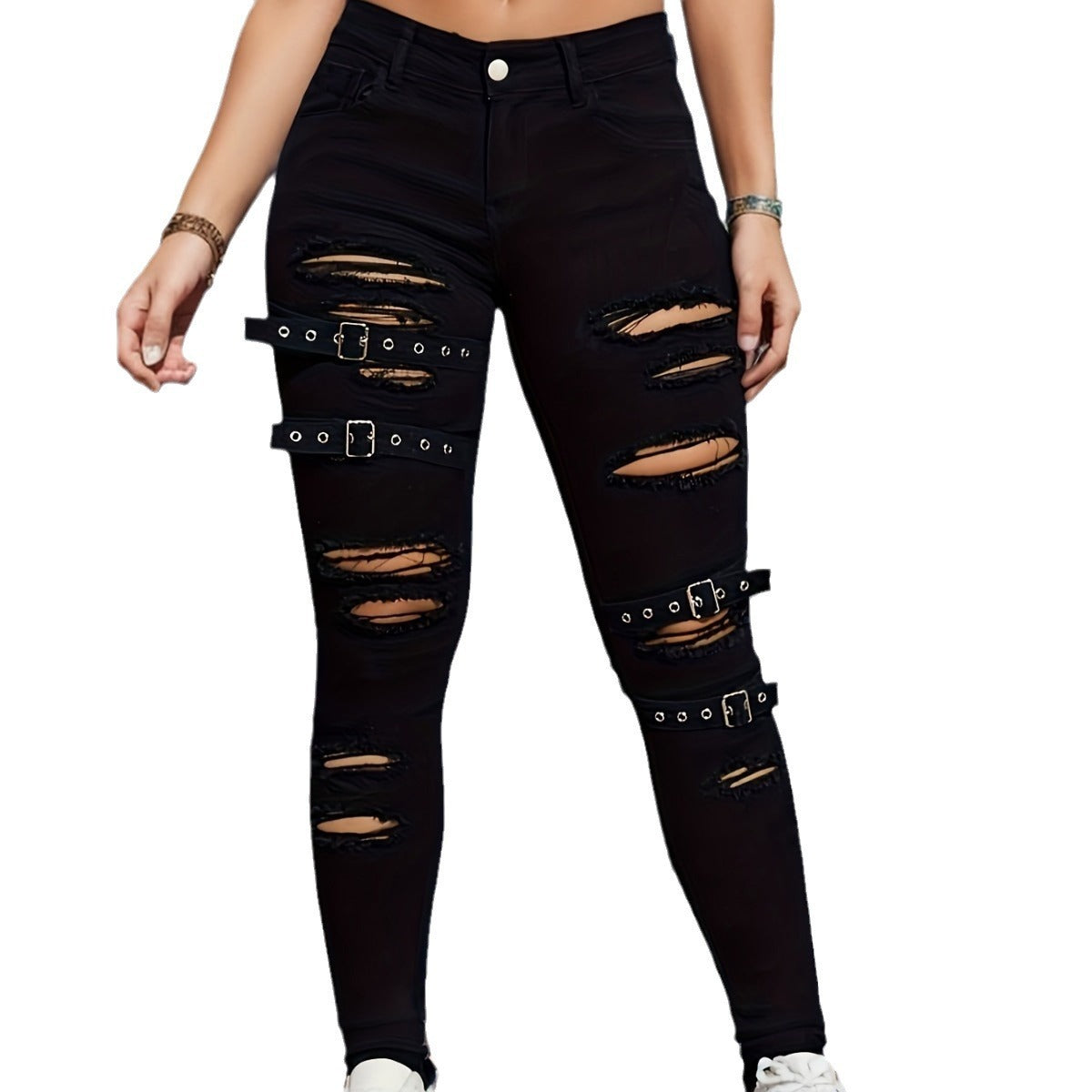 Meta Digital Store Women Jeans Fashion  Black Tight Stretch Skinny Trousers Women's Ripped Denim Trousers