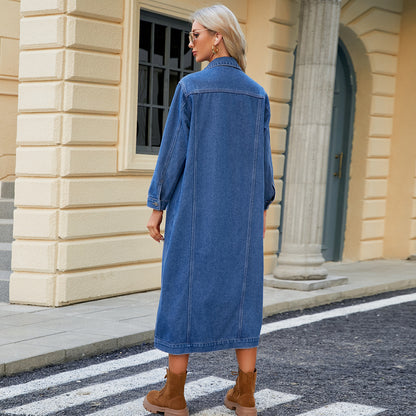 Woman  Digital Store  Washed Cardigan Long Denim Coat And Trench Coat Women