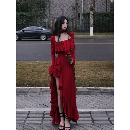 Fork Halter Square Collar Top Long Dress