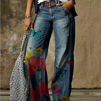 Meta Digital Store Women Jeans Fashion  Plus Size Women's Artistic Floral Pattern Pants