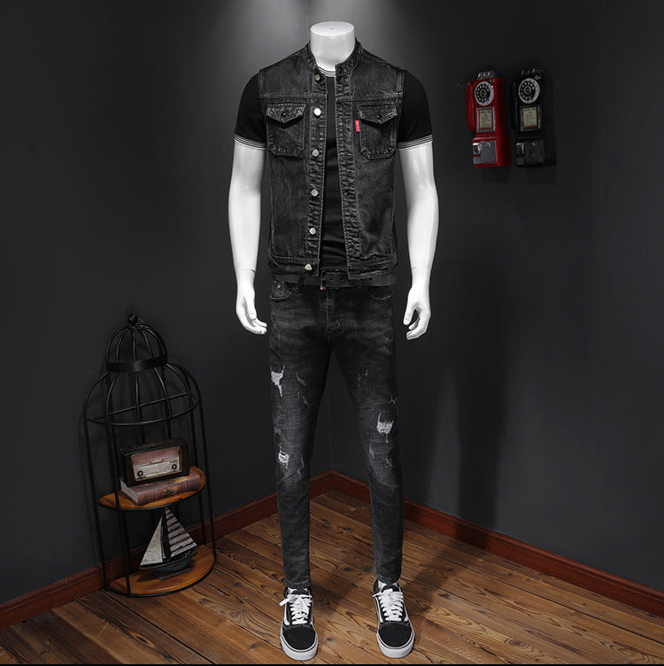 Meta Digital Store Harley Motorfiets Mans Uniform Swart Stand-up Kraag Plus Size Denim Vest