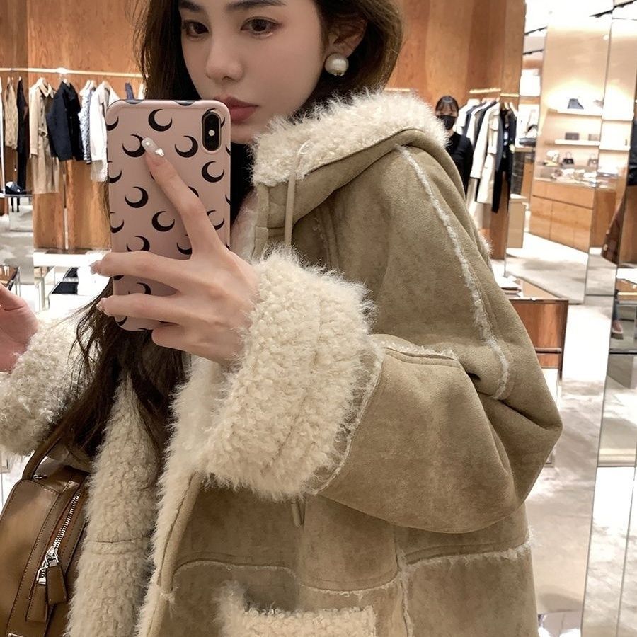 Woman  Digi Store  Hooded Suede Fur Lamb Warm Leisure Slimming Coat