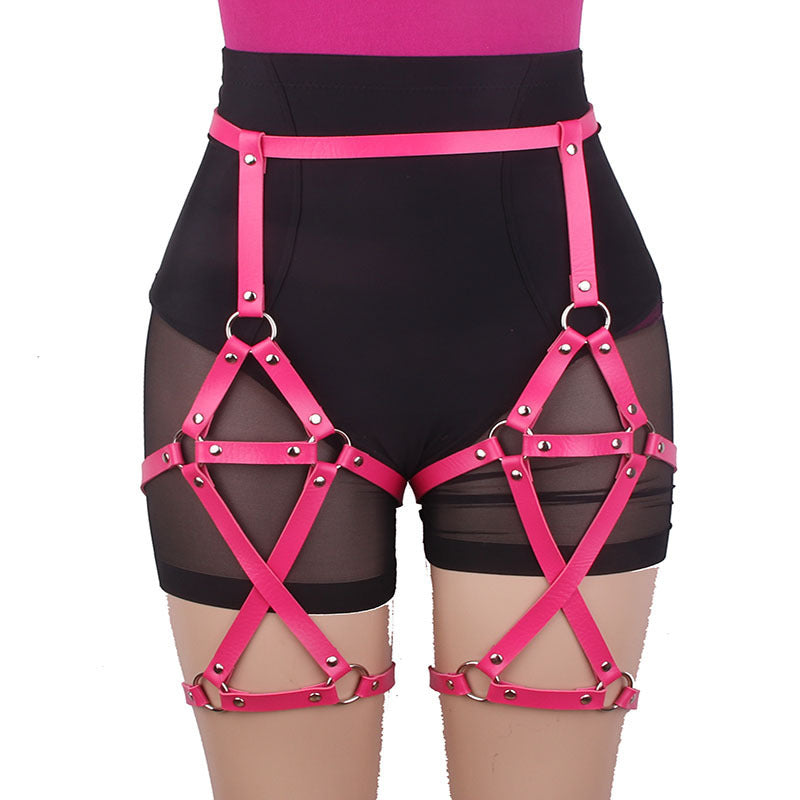 metadigitalstore.com  Double-row Cross Adjustable Leather Leg Ring Belt Integrated Suspenders