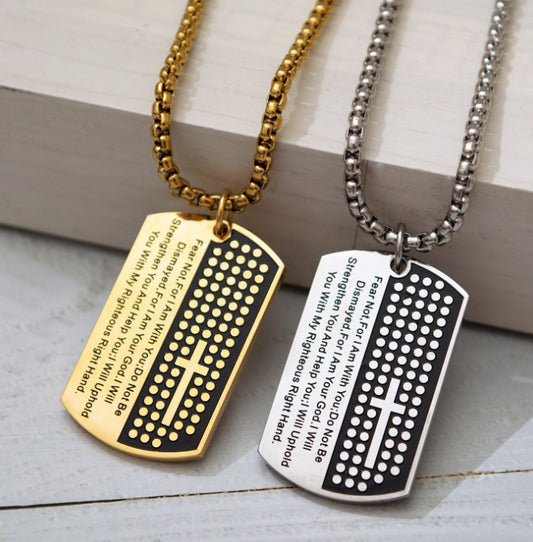 Meta Digital Store Bible Dog Tag Cross Necklaces & Pendant Gold Color Stainless Steel Chain Bible Verse Christian Jewelry Christmas Gift For Men