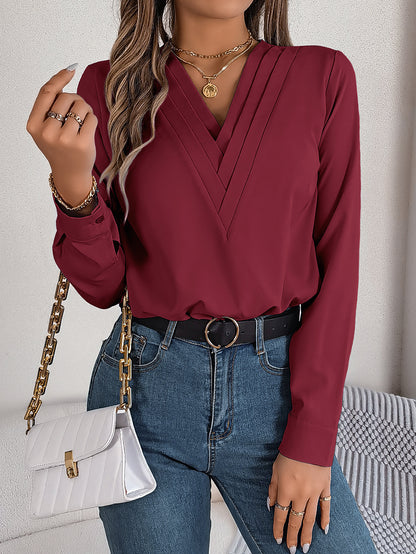 Meta  Digital Store  Fashion V-Neck Long Sleeve Shirt Elegant Commuter Solid Blouse Office Women's Clothing