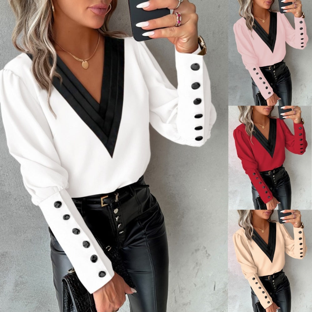 Meta  Digi Store  Fashion V-neck Long Sleeve Blouse With Button Design Commuter Leisure Solid Shirt Top Womens Clothing