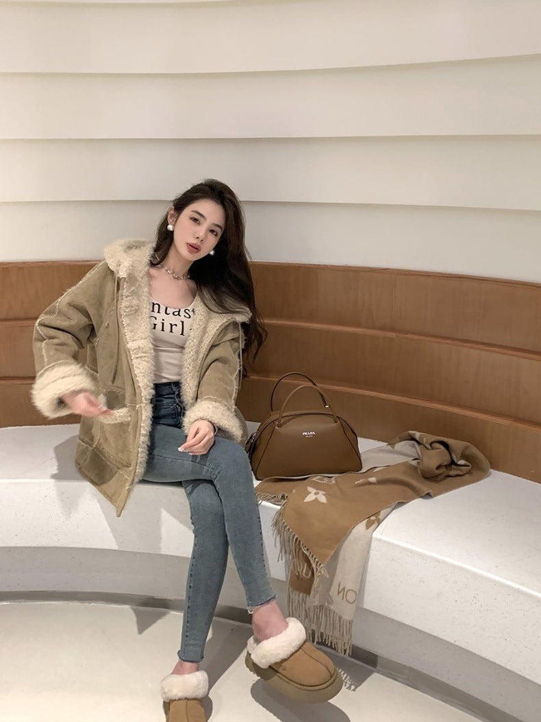 Woman  Digi Store  Hooded Suede Fur Lamb Warm Leisure Slimming Coat