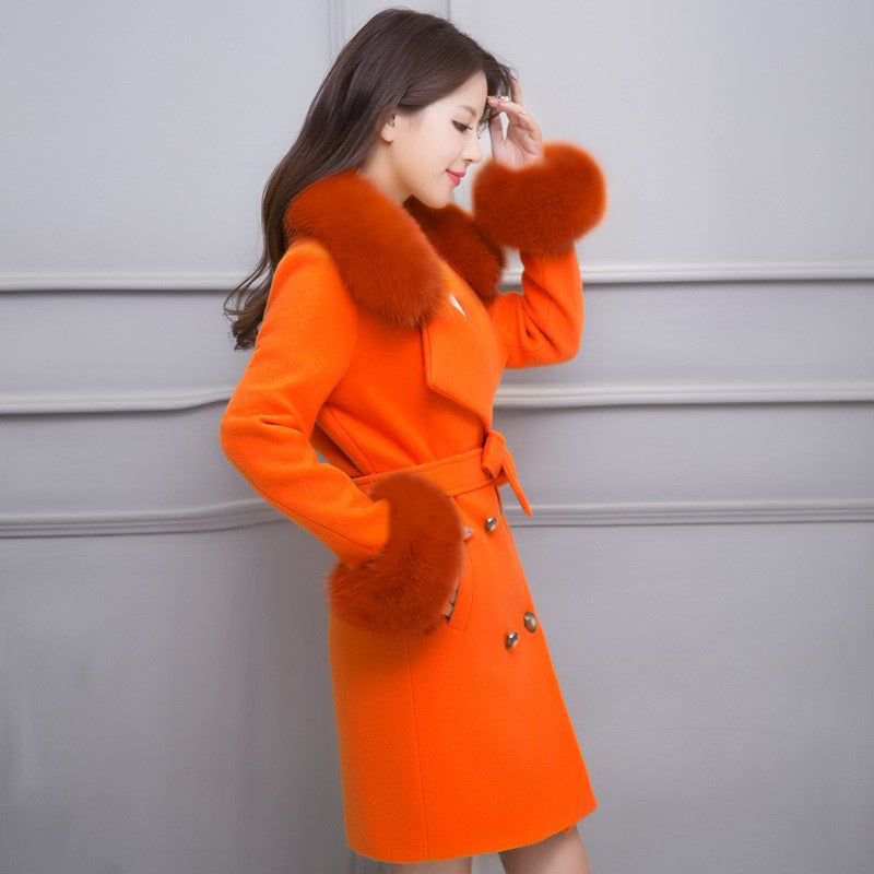 Woman  Digi Store  Big Fur Collar Warm Mid-length With Belt Coat