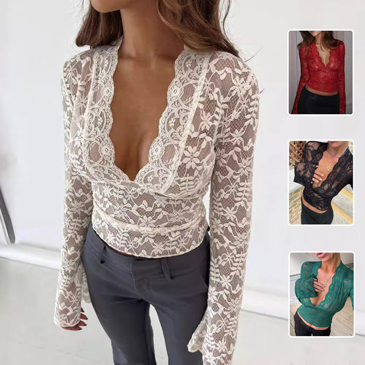 Meta  Digital Store  Flowers Lace Long Sleeve Top Y2K Fashion Slim Bottoming Shirt Top Women's Clothing