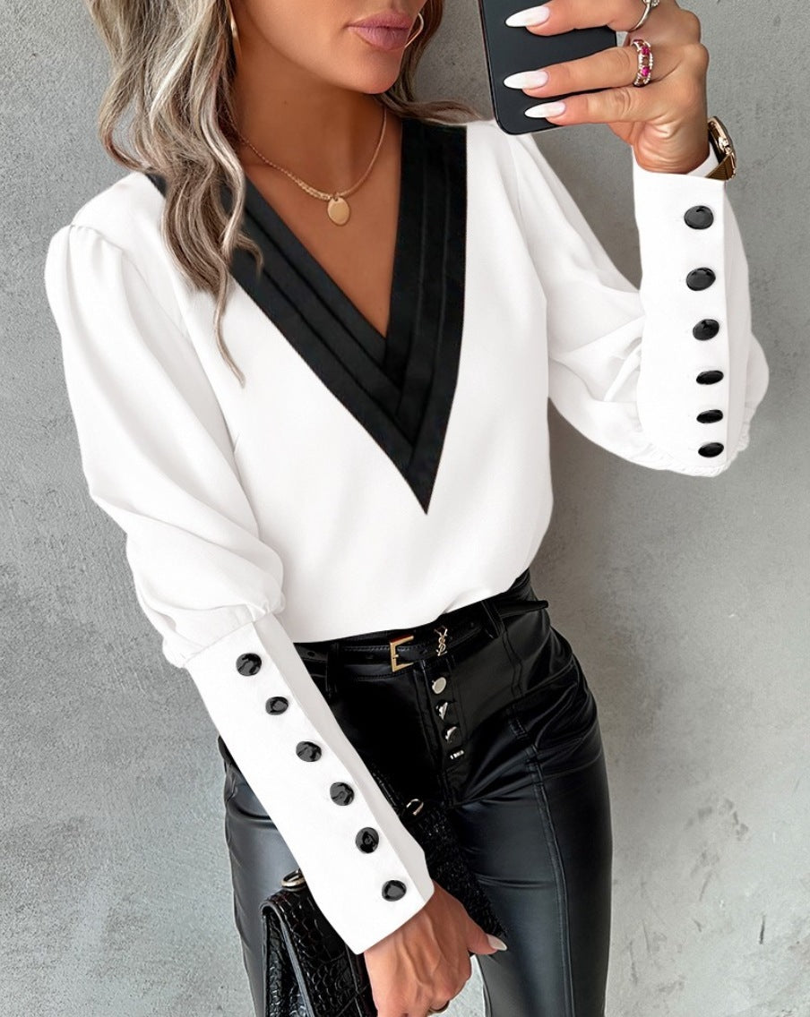 Meta  Digi Store  Fashion V-neck Long Sleeve Blouse With Button Design Commuter Leisure Solid Shirt Top Womens Clothing