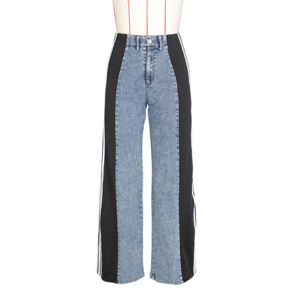 Meta  Digital Store  2024 Fashion Casual High Waist Elastic Straight Leg Trousers Three Stripe Patchwork Denim Wide Leg Pants Streetwear