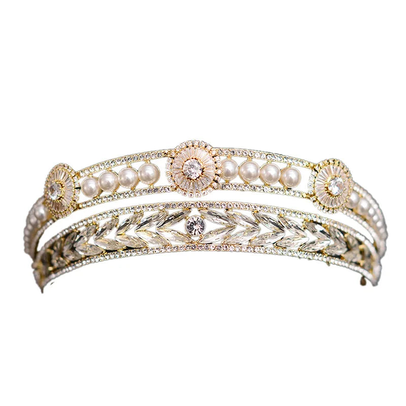 Barok Luukse Goud Kleur Kristal Pêrels Bruids Tiaras Krone Rhinestone Pageant Diadeem Bruid Hoofband Trou Hare Bykomstighede