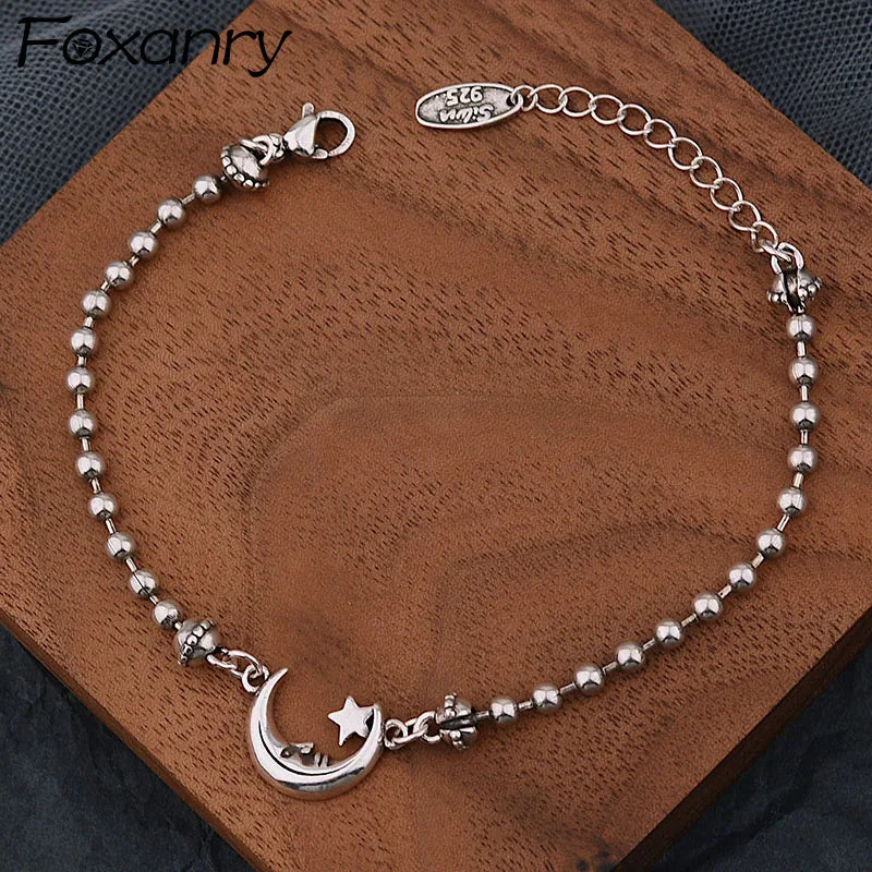 Foxanry Silwer Kleur Punk Bracelet vir Vroue Nuwe Mode Kreatiewe Maan Sterre Krale Ketting Armbande Partytjie Juweliersware Geskenke