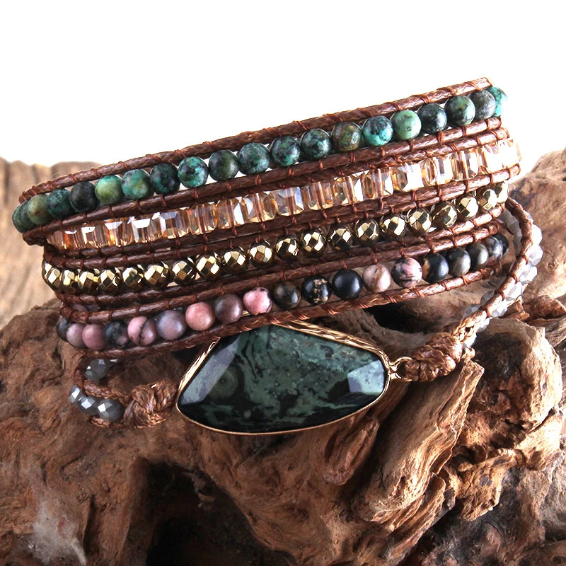 Mode Boho-armband Afrikaanse turkoois natuurlike klippe Grasgroen sjarme 5 stringe geweefde wrap armbande geskenk