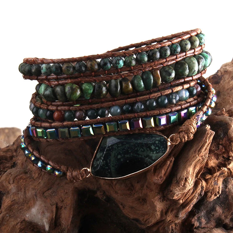 Fashion Boho Bracelet  African Turquoise Natural Stones Grass Green Charm 5 Strands Woven Wrap Bracelets Gift