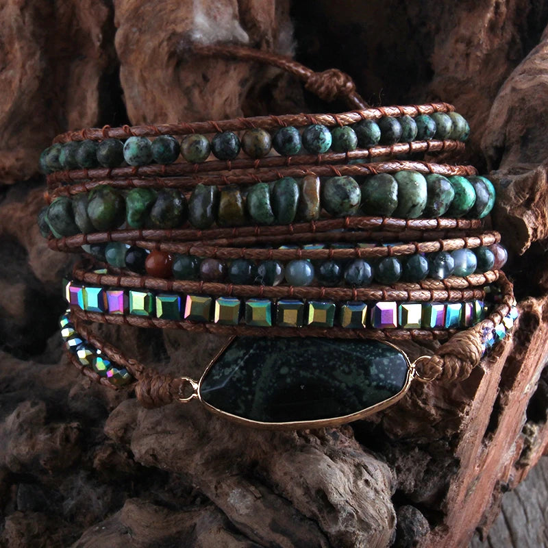 Fashion Boho Bracelet  African Turquoise Natural Stones Grass Green Charm 5 Strands Woven Wrap Bracelets Gift