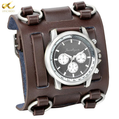 LANCARDO Men's Watches Punk Retro Tachymetre Wide Strap Watch Male Reloj Clock Leather Bracelet Quartz Military Man WristWatch