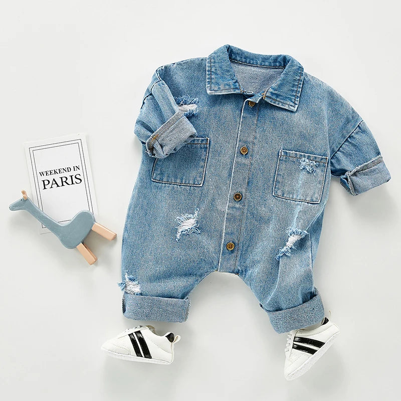 Pasgebore Baba Denim Baba Dogtertjie Klere Uitrustings Baba Seuns Rompertjies Kid Katoen Buigsame Gat Denim Kostuum Meisies Baba Jumpsuit