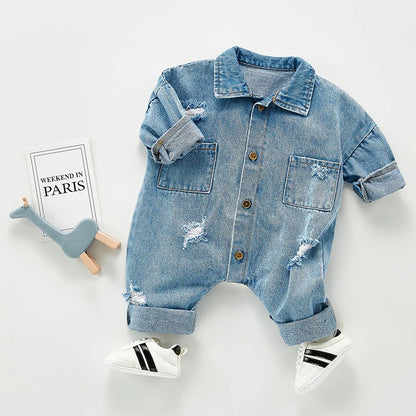 Pasgebore Baba Denim Baba Dogtertjie Klere Uitrustings Baba Seuns Rompertjies Kid Katoen Buigsame Gat Denim Kostuum Meisies Baba Jumpsuit