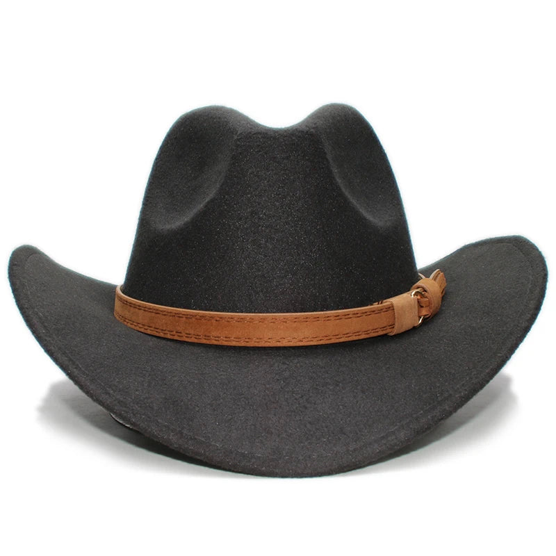 Vintage Ouer-kind Vroue Mans/Kind Kind Wol Breë Rand Cowboy Western Hoed Cowgirl Bowler Cap Camel Leer Band (54-57-61cm)