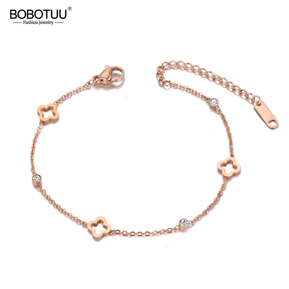 BOBOTUU Stainless Steel CZ Crystal Flower Plant Charm Bracelets For Women Girls Rose Gold Color Chain & Link Jewelry BB19114