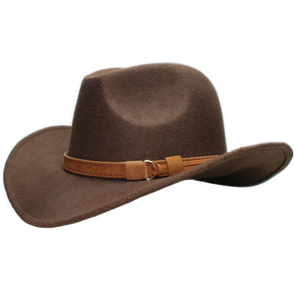 Vintage Ouer-kind Vroue Mans/Kind Kind Wol Breë Rand Cowboy Western Hoed Cowgirl Bowler Cap Camel Leer Band (54-57-61cm)