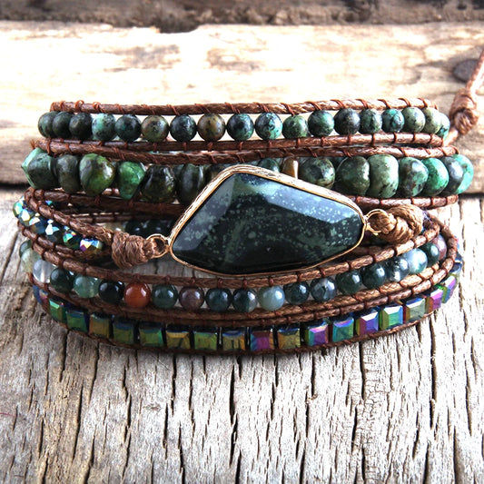 Fashion Boho Bracelet  African Turquoise Natural Stones Grass Green Charm 5 Strands Woven Wrap Bracelets Gift