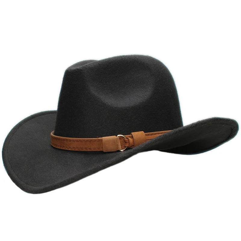 Vintage Ouer-kind Vroue Mans/Kind Kind Wol Breë Rand Cowboy Western Hoed Cowgirl Bowler Cap Camel Leer Band (54-57-61cm)