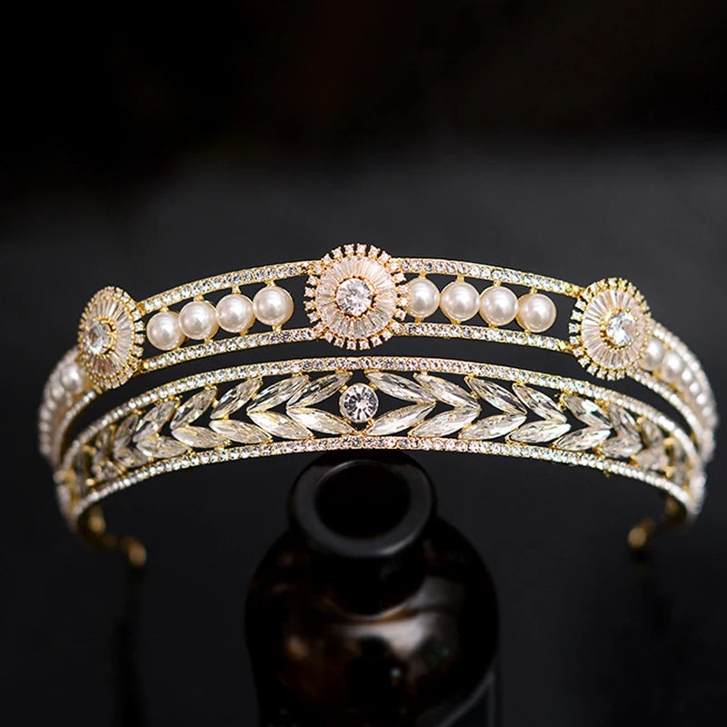 Barok Luukse Goud Kleur Kristal Pêrels Bruids Tiaras Krone Rhinestone Pageant Diadeem Bruid Hoofband Trou Hare Bykomstighede