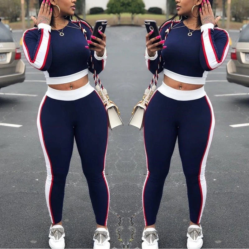 Warm uitverkoping Herfs Lente Vroue Twee stukke Informeel Sweetpak Sygestreepte Crop Tops Enkellengte Broek Sportdrag Stel NUUT S-XL