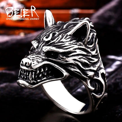 BEIER Punk Viking Cool vlekvrye staal 3D Winterfell Wolf Man Ring Kersfees Amulet Juweliersware BR8-075