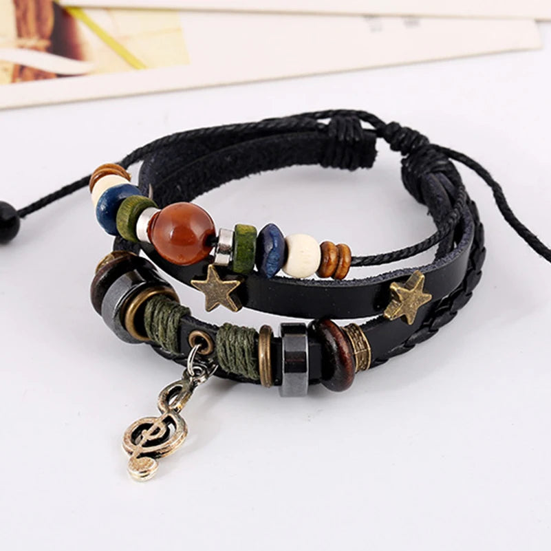 Handgemaakte Boho Gypsy Hippie Ontwerp Bruin Leer Star G Sleutel Nota Metaal Charms Hout Knoop Krale Wrap Unisex verstelbare armband