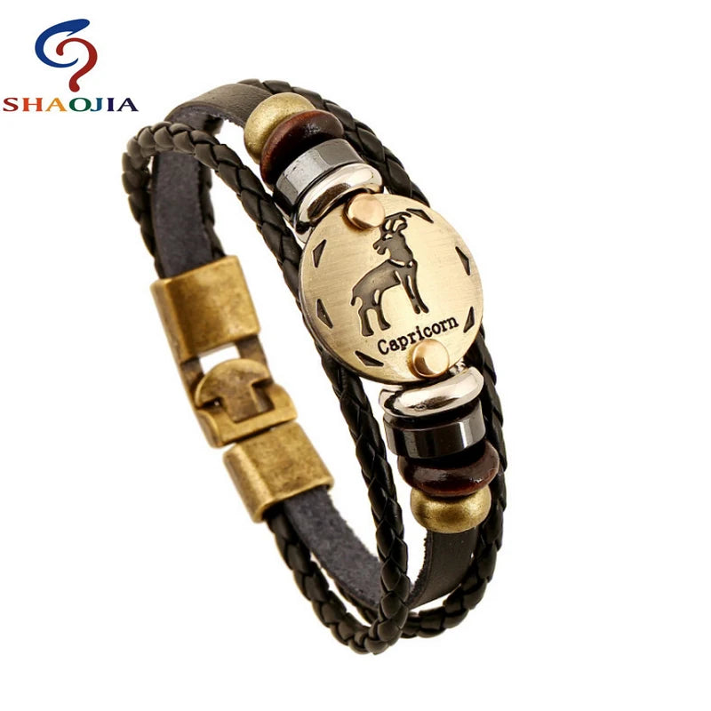 Steenbok leer armband manchet breë armband en tou armbande swart vir mans mode man armband unisex juweliersware mans