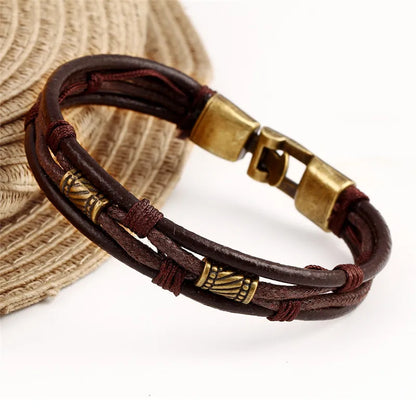 MKENDN Wholesale Vintage Fashion Multi-Layer Genuine Leather Man Bracelets Easy Hook Link Chain Men Women Jewelry