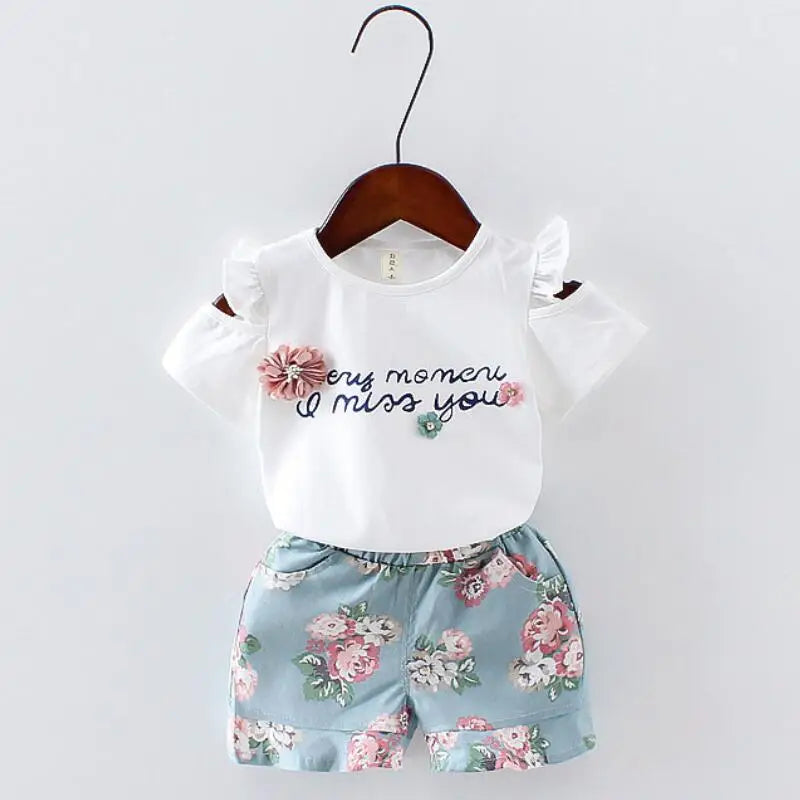 Baby girls Clothes Floral Printed short sleeve strapless t-shirt+pant 2pcs girl set Kid Outfit Lady suit Princess Child set A293