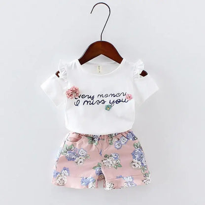 Baba meisies klere Blomme gedrukte kortmou strapless t-hemp+broek 2 stuks meisie stel Kid Outfit Dame pak Prinses Kind stel A293