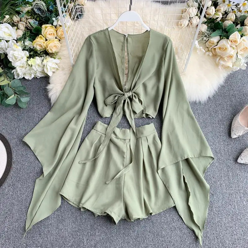 2024 New Summer 2 Piece Outfits For Women Flare Sleeve Crop Top + Broad-legged Shorts Fashion Ladies Sexy Solid Chiffon Suit Set