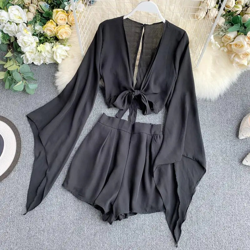 2024 New Summer 2 Piece Outfits For Women Flare Sleeve Crop Top + Broad-legged Shorts Fashion Ladies Sexy Solid Chiffon Suit Set