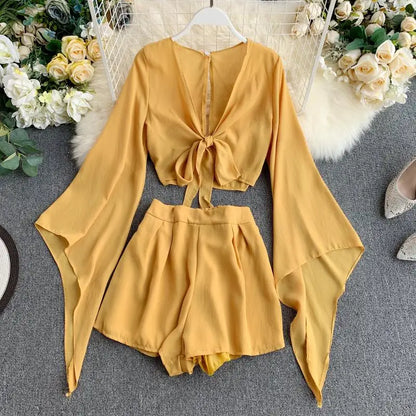 2024 New Summer 2 Piece Outfits For Women Flare Sleeve Crop Top + Broad-legged Shorts Fashion Ladies Sexy Solid Chiffon Suit Set