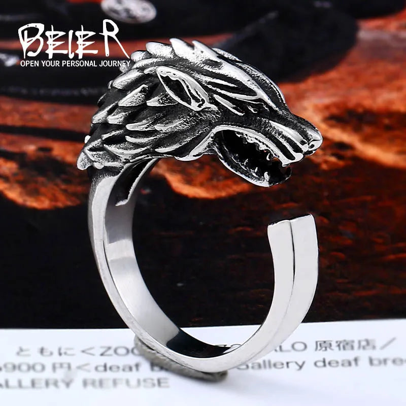 BEIER Punk Viking Cool vlekvrye staal 3D Winterfell Wolf Man Ring Kersfees Amulet Juweliersware BR8-075